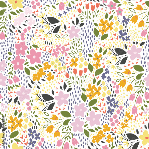 Summer wildflowers  floral seamless pattern with colorful flowers and abstract green plants on white background. Delicate pattern print for textile or wrapping paper.