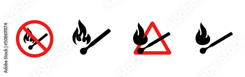 No open fire sign. A lit match in a prohibition sign. No Fire Ignition. Vector set isolated on white background.