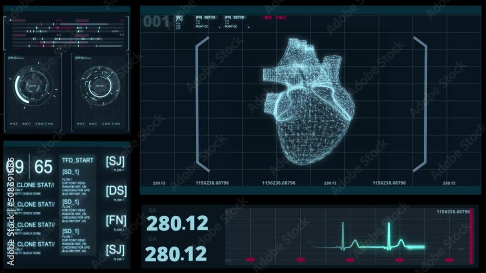 futuristic software interface for medical and scientific purpose, patient monitoring software, human heart scanner (3d software)
