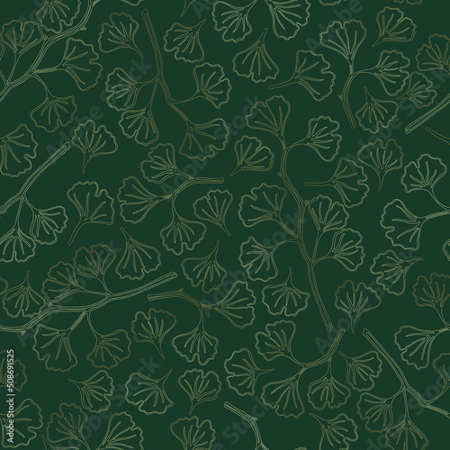 Leaves and branches of ginkgo. Seamless gold gradient vector pattern on dark background.