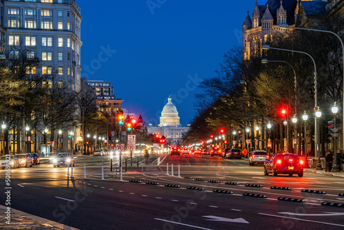 Scene of United States Capitol Building at twilight time, Washington, DC, United States of America or USA, history and culture for travel concept