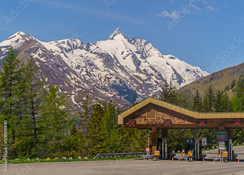Start of the Grossglockner High Alpine Road near Heiligenblut, toll station. Grossglockner in background.