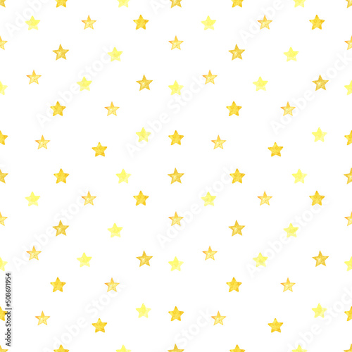 Seamless Pattern with Gold stars on white background. Hand painted watercolor print for baby textile design or wrapping paper