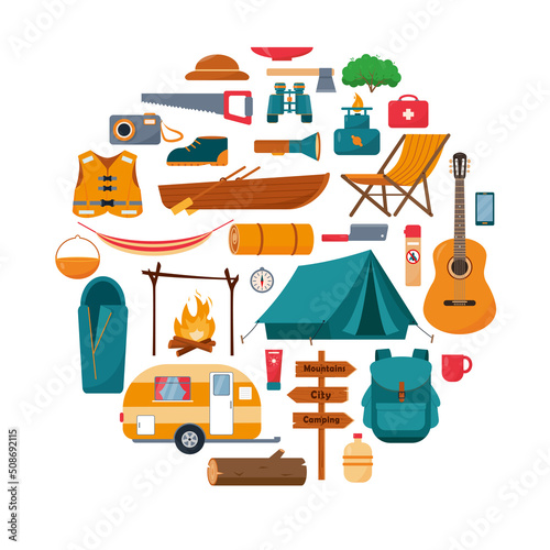 Camping or hiking equipment set in circle. Big collection of camping tools icons isolated on white background. Sports, adventures in nature, recreation and tourism concept design. Vector illustration.