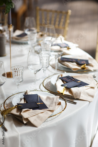 Table set for wedding or another catered event dinner