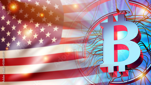 Bitcoin logo and flag of Am...