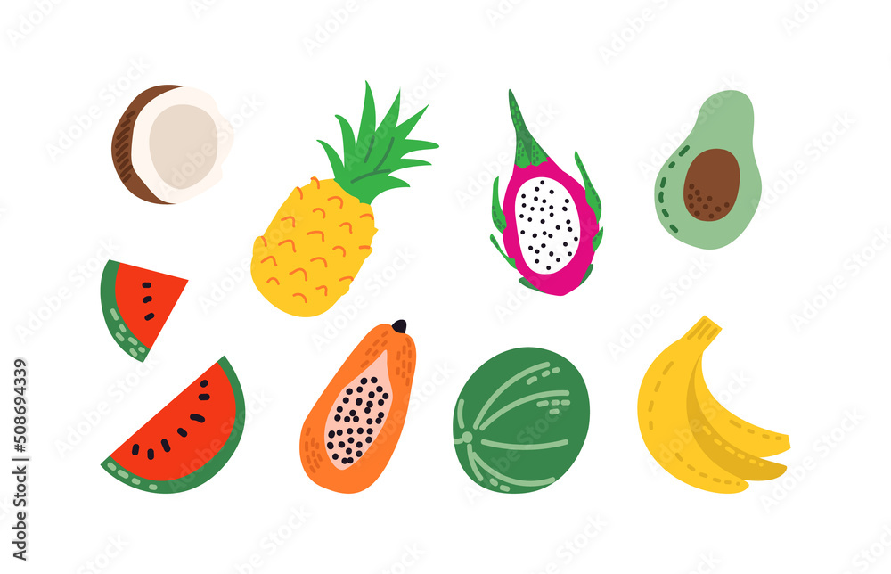 Set of cute tropical fruits. Summer exotic pineapple, watermelon, banana, coconut, dragon fruit, papaya, avocado. Vector colorful illustration Set of cute tropical fruits. Summer exotic pineapple, watermelon, banana, coconut, dragon fruit, papaya, avocado. Vector colorful illustration