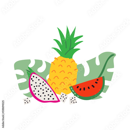 Vector illustration with exotic tropical fruits. Pineapple. watermelon, dragon fruit and monstera leaves on isolated background.