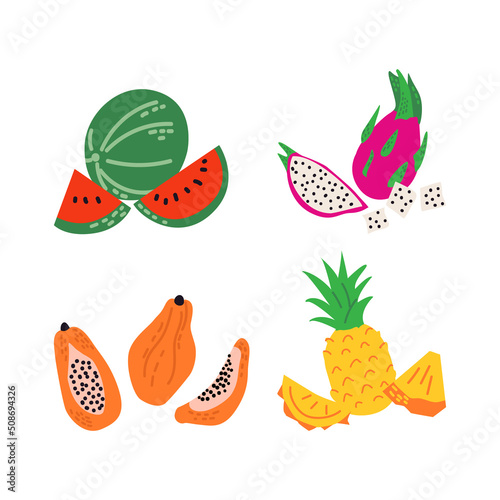 Fototapeta Naklejka Na Ścianę i Meble -  Set of tropical fruits. Summer exotic pineapple, watermelon, dragon fruit and papaya. Vector colorful illustration