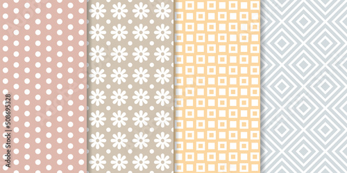 Set of minimal geometric texture seamless patterns. Repeating simple geometrical shapes backgrounds.