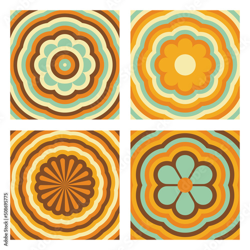 Set of trendy groovy flower power tiles backgrounds. Retro aesthetic hippie style floral objects.