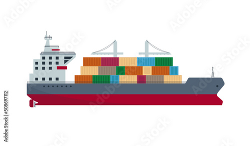 Cargo sea ship. Seaway ocean delivery and shipping boat. Sea freight transportation or logistic. Vector icon illustration isolated on white background.