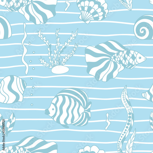 Seamless pattern with abstract fish blue outline on white wavy lines. Underwater world seabed background. Marine design