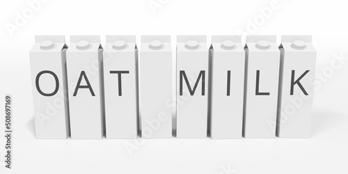 White cartons with OAT MILK text. 3D rendering