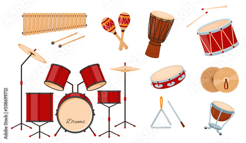 Big set of prcussion musical instruments icons isolated on white background. Drums, cymbals, maracas, tambourine, triangle and xylophone. Vector illustration in flat or cartoon style.