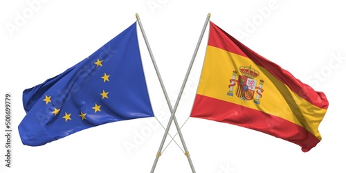 Flags of Spain and the European Union EU on light background. 3D rendering