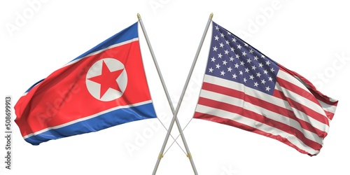 Flags of the USA and North Korea on white background. 3D rendering