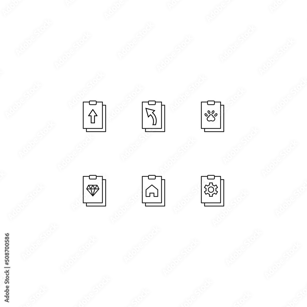 Line icon collection of vector signs and monochrome symbols drawn with black thin line. Suitable for shop, sites, apps. Icons of arrows, paw, gear, home, jewel on clipboard Line icon collection of vector signs and monochrome symbols drawn with black thin line. Suitable for shop, sites, apps. Icons of arrows, paw, gear, home, jewel on clipboard
