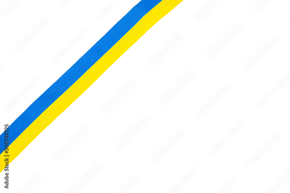 isolated white background with blue-yellow ribbon flag symbol of Ukraine mockup. isolated white background with blue-yellow ribbon flag symbol of Ukraine mockup.