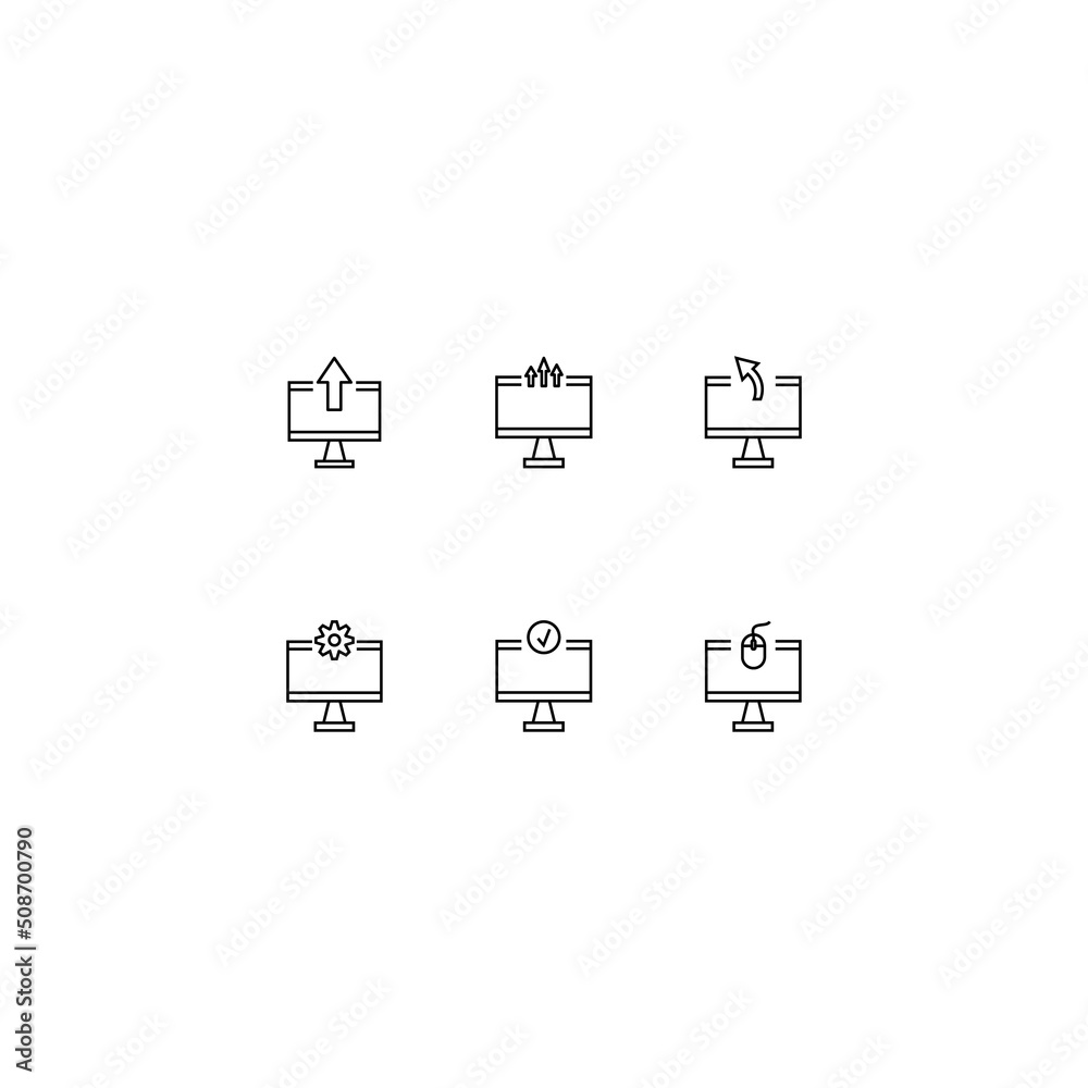 Line icon collection of vector signs and monochrome symbols drawn with black thin line. Suitable for shop, sites, apps. Arrows, gear, checkmark, mouse inside of computer