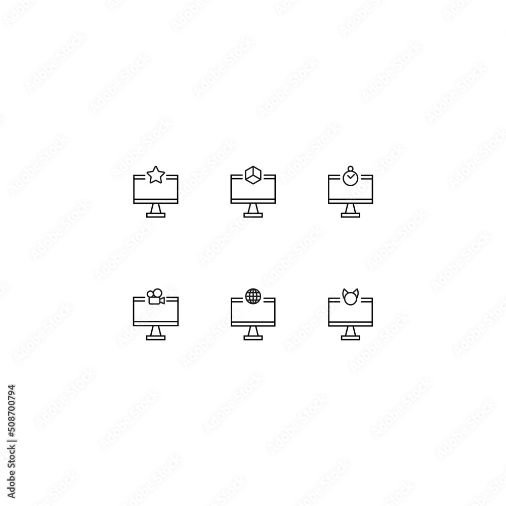 Line icon collection of vector signs and monochrome symbols drawn with black thin line. Suitable for shop, sites, apps. Star, cube, timer, camera, globe, animal muzzle inside of computer Line icon collection of vector signs and monochrome symbols drawn with black thin line. Suitable for shop, sites, apps. Star, cube, timer, camera, globe, animal muzzle inside of computer