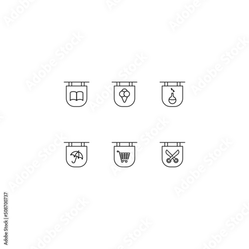 Line icon collection of vector signs and monochrome symbols drawn with black thin line. Suitable for shop, sites, apps. Book, ice cream, laboratory bulb, umbrella, shopping cart, scissors on signboard