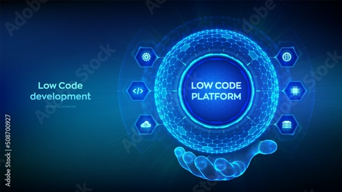 Low code platform. Low code development technology concept. LCDP easy coding. Hexagonal grid sphere in wireframe hand on blue background. Vector illustration.