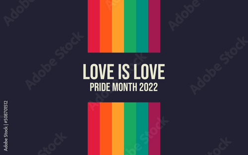 Pride Month banner with Pride Flag. LGBTQ Rainbow flag with Pride Month text. Love is Love 2022
