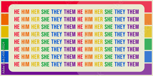 LGBTQ+ sexual identity pride concept. Typography pattern background with gender pronouns ''He Him Her She They Them'' text