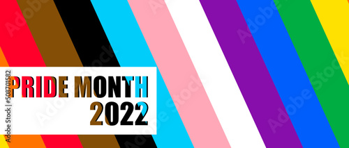 Inclusive Pride Background with Progress Pride Flag Colors. LGBTQ Rainbow flag with Pride Month 2022