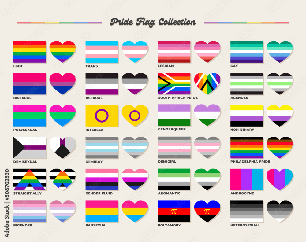 LGBTQ+ sexual identity pride flags collection. Flag of gay, transgender, bisexual, lesbian etc. Pride concept. Rainbow heart LGBTQ+ sexual identity pride flags collection. Flag of gay, transgender, bisexual, lesbian etc. Pride concept. Rainbow heart