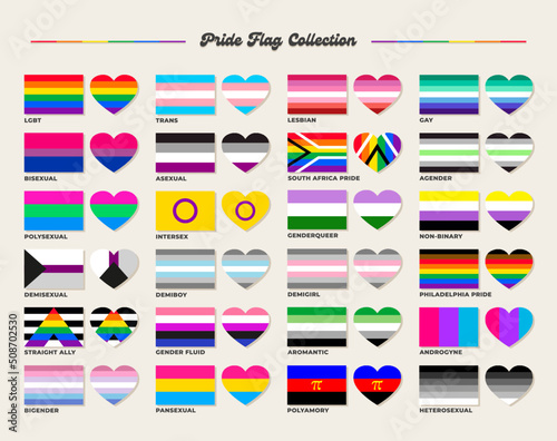 LGBTQ+ sexual identity pride flags collection. Flag of gay, transgender, bisexual, lesbian etc. Pride concept. Rainbow heart