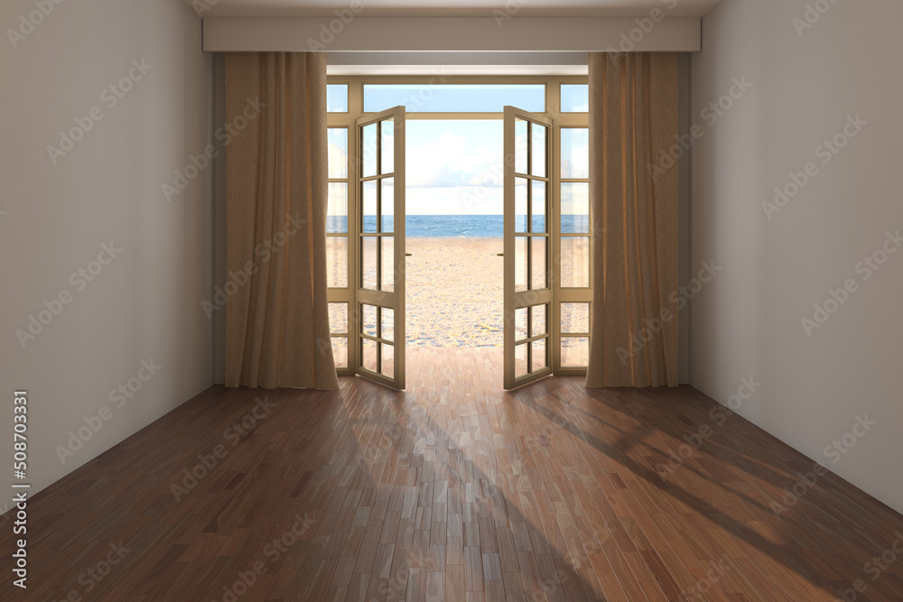 Fototapeta premium Unfurnished Hotel Room with Sea View near the Beach. Interior with Open Door Overlooking the Ocean, Beige Curtains, Yellow Sand and Clouds. Dark Parquet Floor and a Beige Stucco Walls. 3D rendering