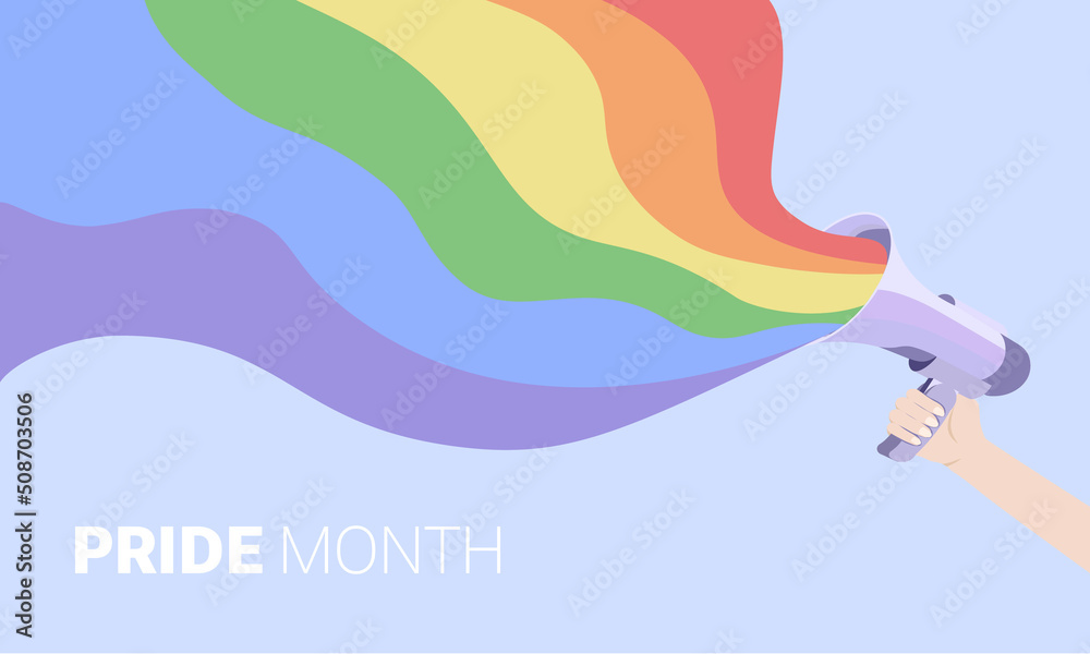 LGBT rainbow flag wave flowing flutter of lesbian, gay, and bisexual colorful concept with megaphone in a hand. Pride month background or poster. LGBT rainbow flag wave flowing flutter of lesbian, gay, and bisexual colorful concept with megaphone in a hand. Pride month background or poster.