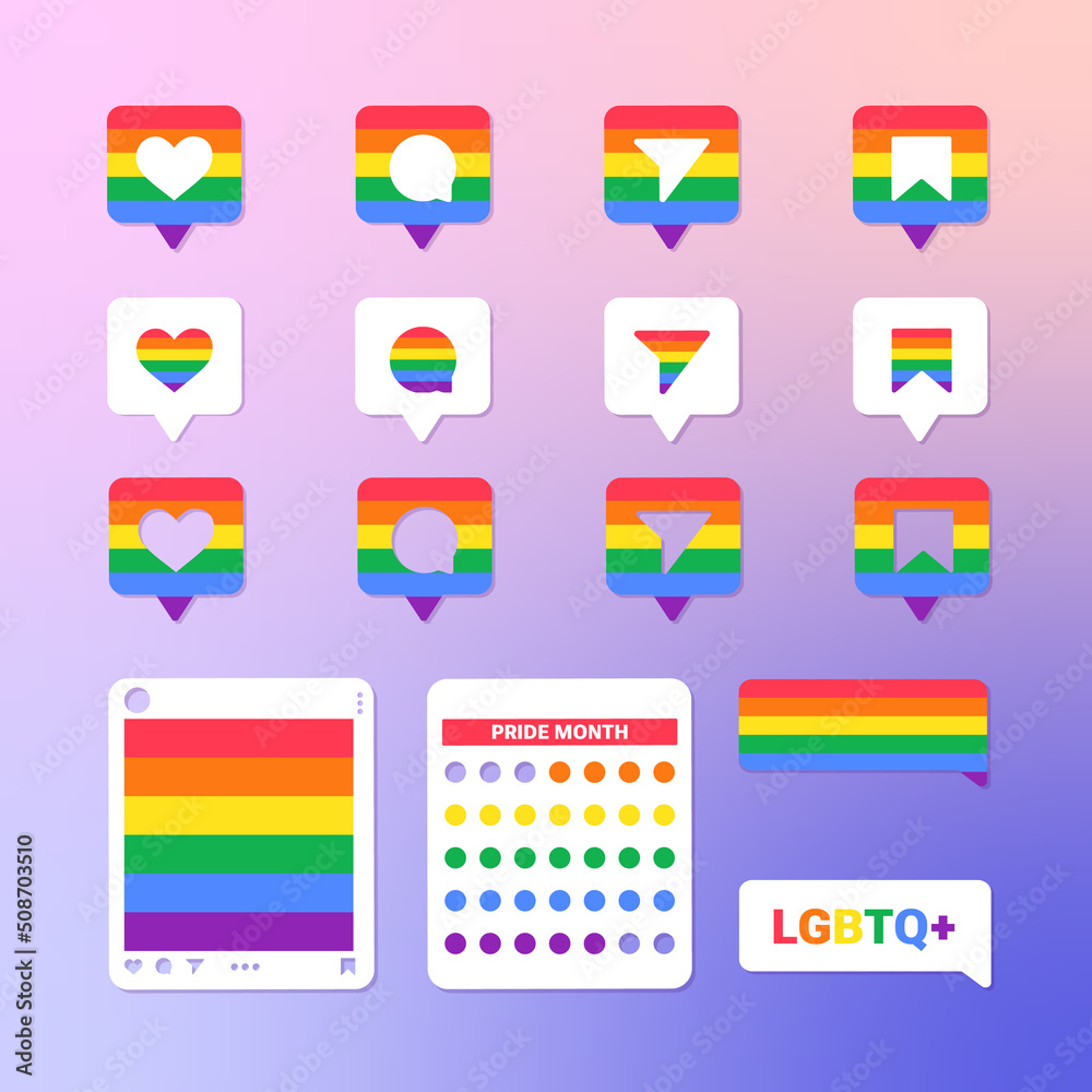 Pride LGBTQ+ social media icons set related to LGBTQ+ symbols set in rainbow colors. Pride Month Pride LGBTQ+ social media icons set related to LGBTQ+ symbols set in rainbow colors. Pride Month
