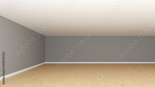 Interior Concept with a Light Grey Walls, White Ceiling, Wooden Parquet Floor and a White Plinth. Unfurnished Empty Corner of the Room, Frontal View. 3d illustration, 8K Ultra HD, 7680x4320, 300 dpi © SK-Studio