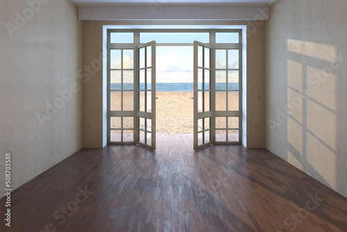 Empty Hotel Room with Sea View near the Beach. Unfurnished Room with Open Doors Overlooking the Ocean, Yellow Sand and Clouds. Dark Parquet Floor and a Beige Stucco Walls. 3d rendering. 8K Ultra HD