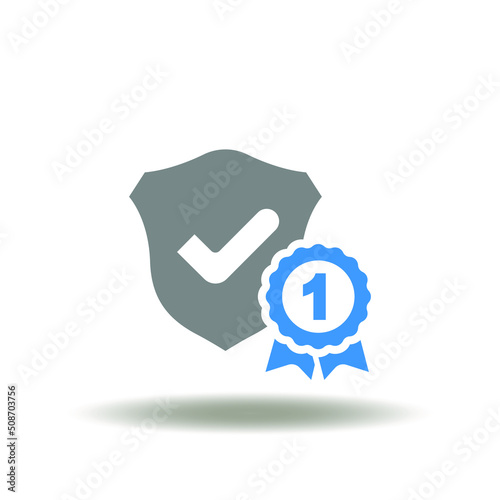 Vector illustration of shield with check mark and reward one number. Icon of first safety standard. Symbol of work safety and health insurance.