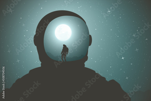 Astronaut in helmet. Close-up of cosmonaut head. Sci Fi. Full moon