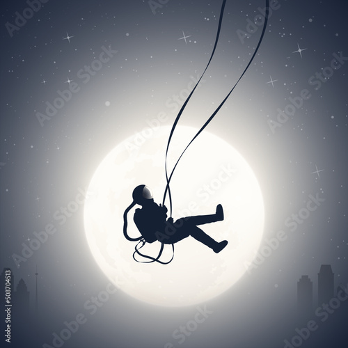 Astronaut on swing. Cosmonaut silhouette. Night city in fog. Full Moon