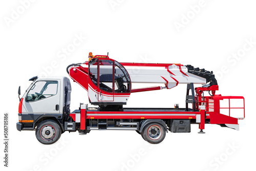 Isolated car with autotower with platform. Mobile machine for construction and emergency and maintenance works