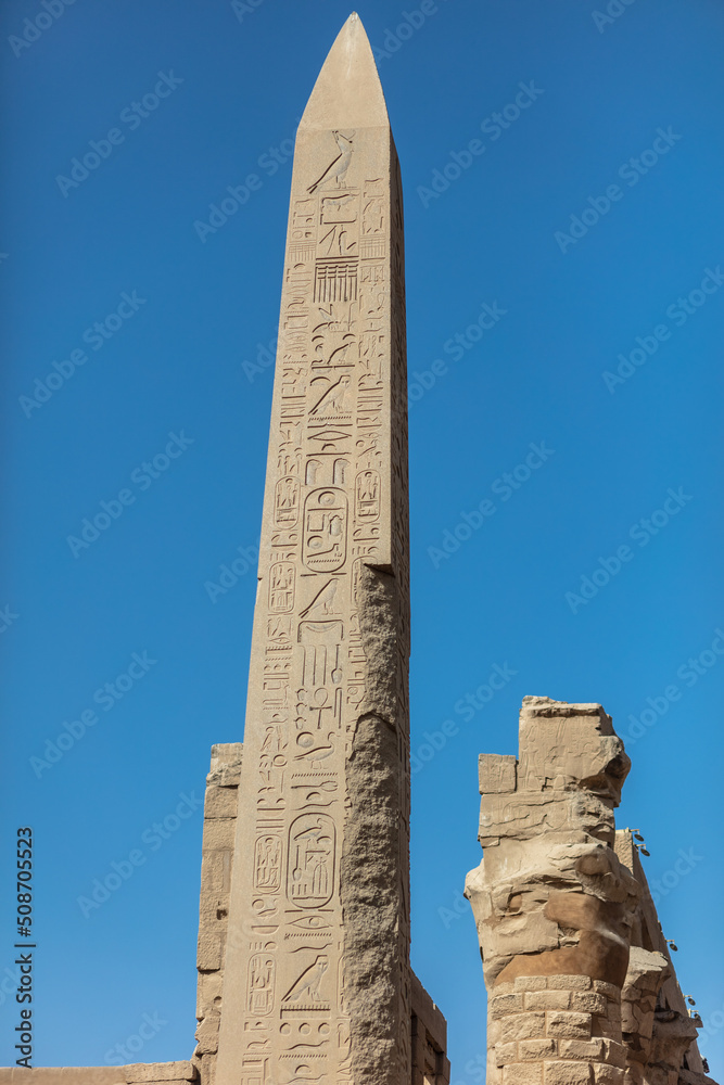 Different columns with hieroglyphs in Karnak temple. Karnak temple is the largest complex in ancient Egypt.