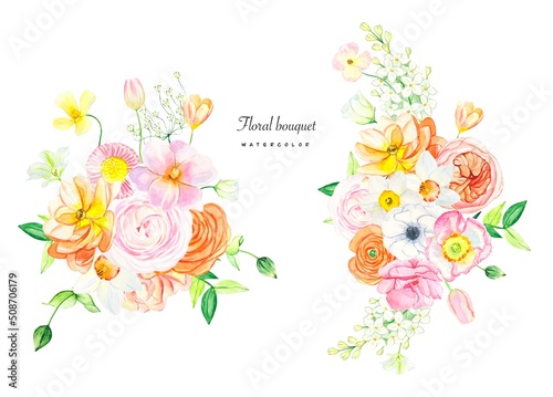 Watercolor set of floral arrangements of summer flowers  perfect for greeting cards wedding invitation.