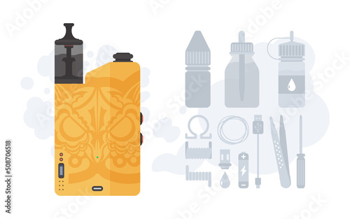 Vape or vapor illustration. Cigarette substitute. Smoking tool. Includes component icons. Flat style design