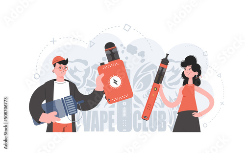 The girl and the guy are holding an electronic cigarette in their hands. Flat style. The concept of replacing cigarettes. Vector illustration.