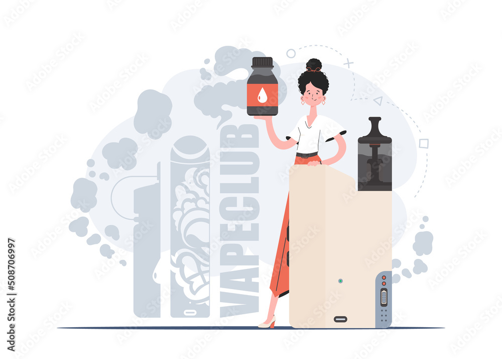 The girl is holding an electronic cigarette in her hands. Flat style. The concept of replacing cigarettes. Vector illustration. The girl is holding an electronic cigarette in her hands. Flat style. The concept of replacing cigarettes. Vector illustration.