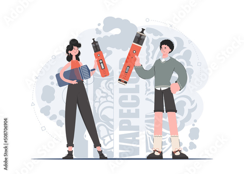 A woman and a man are holding an electronic cigarette in their hands. Flat style. The concept of vapor and vape. Vector illustration.