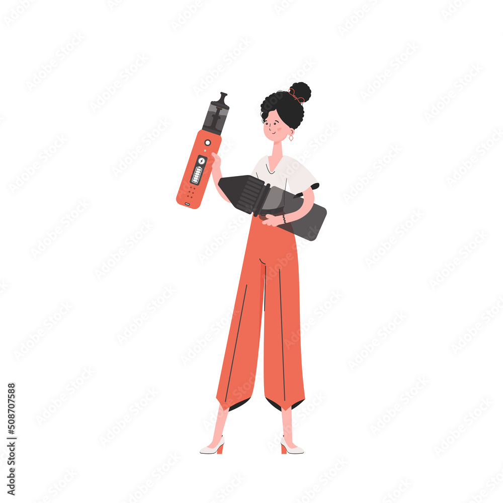 A woman holds an electronic cigarette in her hands. Trendy style with soft neutral colors. Isolated on white background. Vector illustration. A woman holds an electronic cigarette in her hands. Trendy style with soft neutral colors. Isolated on white background. Vector illustration.