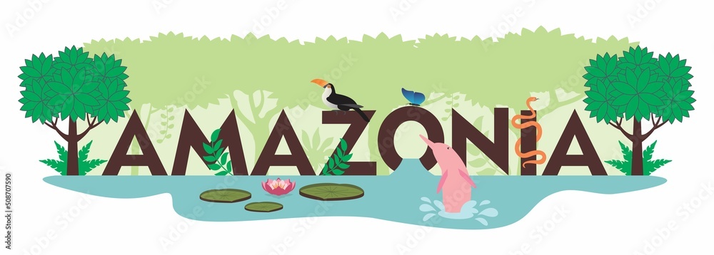 Letreiro com nome da floresta amazônica, escrito em português, representado com alguns de seus animais e plantas típicos da região.