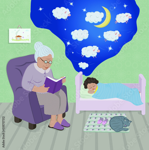 a cute old woman sits in an armchair and reads bedtime stories to her granddaughter. the girl counts the lambs and falls asleep. there is a picture on the wall. the cat is sleeping on the mat. small s photo